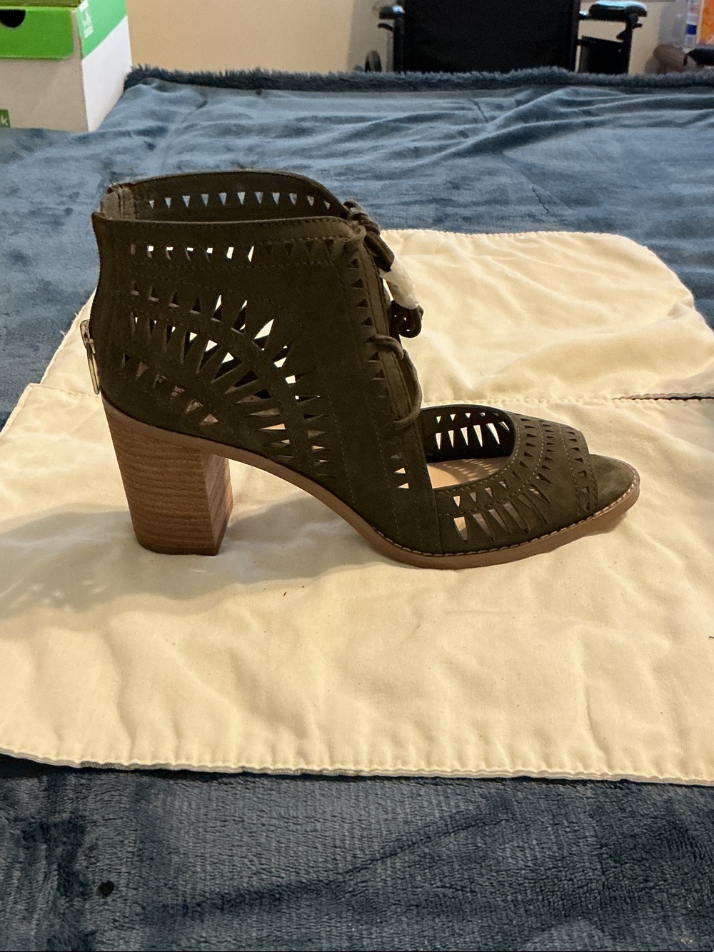 Suede Lace-Up Cutout Block Heel Sandal - Olive
